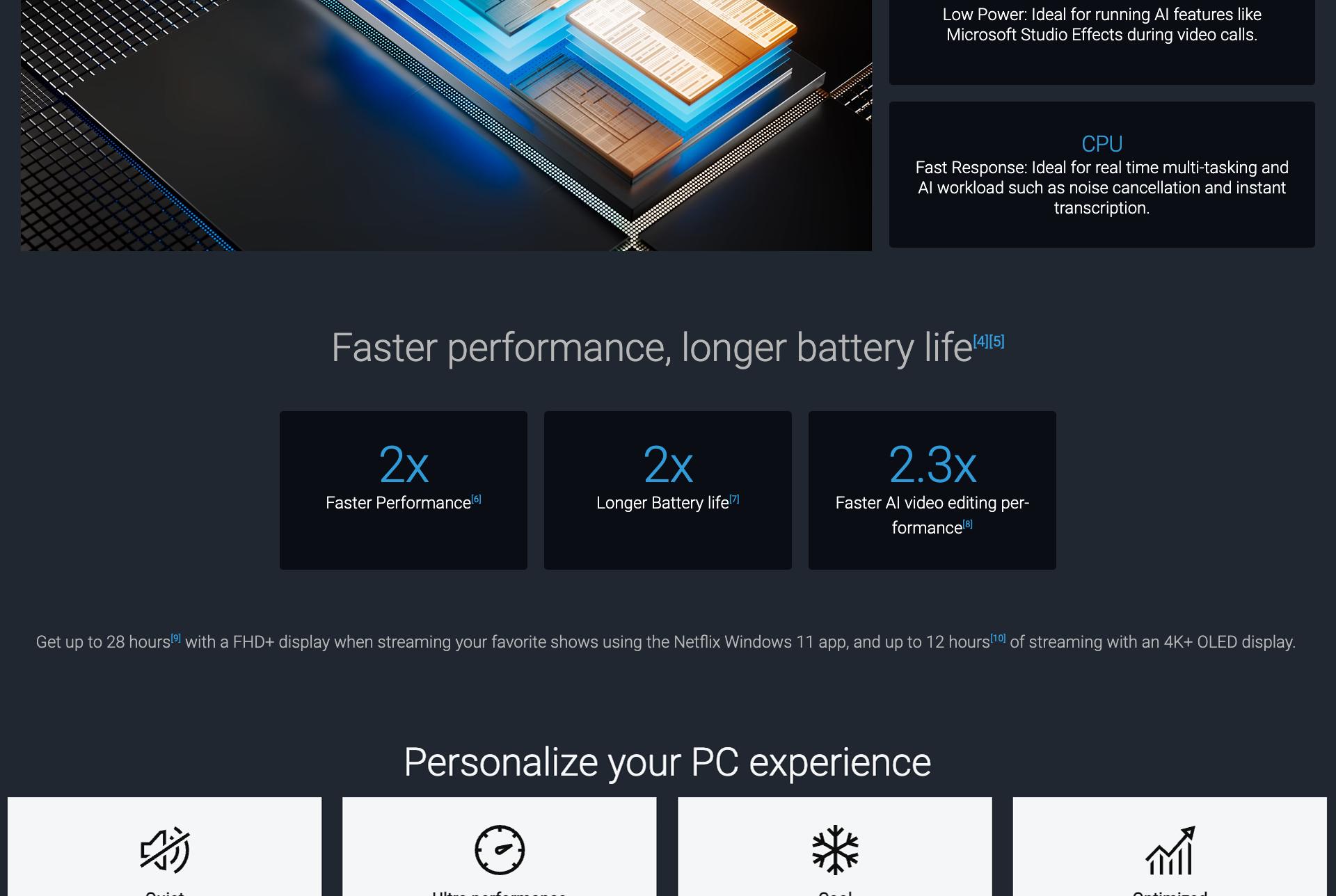 Low Power: Ideal for running AI features like Microsoft Studio Effects during video calls. CPU. Fast Response: Ideal for real time multi-tasking and AI workload such as noise cancellation and instant transcription. Faster performance, longer battery life[4][5] 2x Faster Performance[6] 2x Longer battery life[7] 2.3x Faster AI video editing per-formance[8] Get up to 28 hours[9] with a FHD+ display when streaming your favorite shows using the Netflix Windows 11 app, and up to 12 hours[10] of streaming with a 4K+ OLED display. Personalize your PC experience. Speaker with line through it. A Gauge. Snowflake. Upward trending chart.